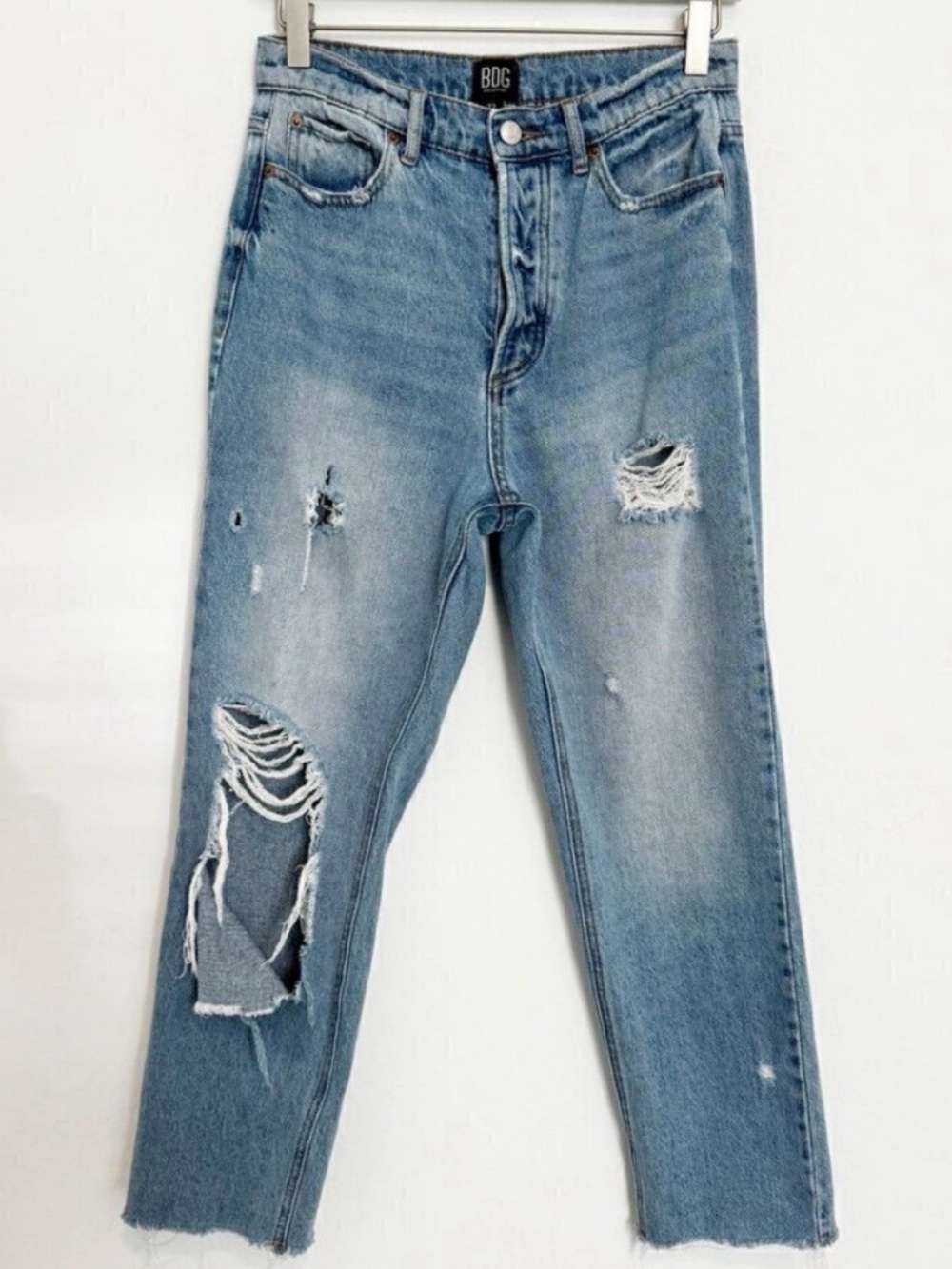 BDG Jeans Size 27 Blue High Rise Distressed Ripped Straight Raw Hem Grunge Indie